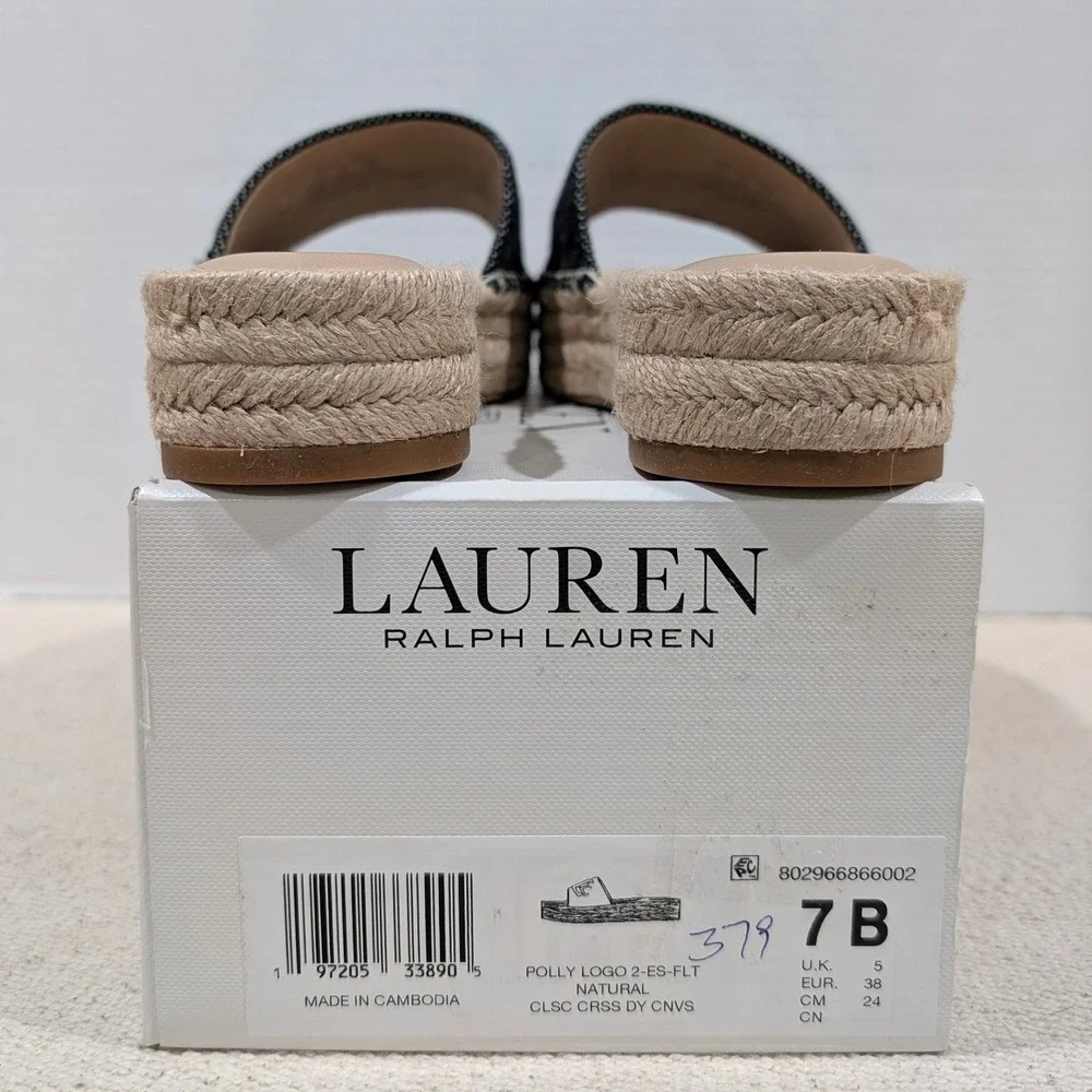 Lauren Ralph Lauren Polly Logo 2 Espadrille Slide Sandals‎ Natural Black 7B NIB