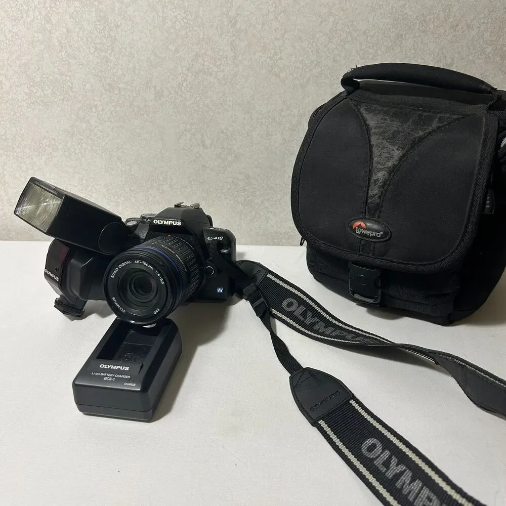 Olympus E-410 DSLR Camera Zuiko 40-150mm Lens FL-36 Flash Charger Lowepro Bag