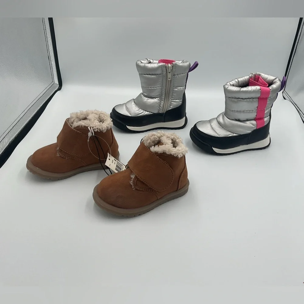 Lot x2 Wonder Nation Puffy Silver Winter Snow Boots Falls Creek Brown Fur Sz 5/6