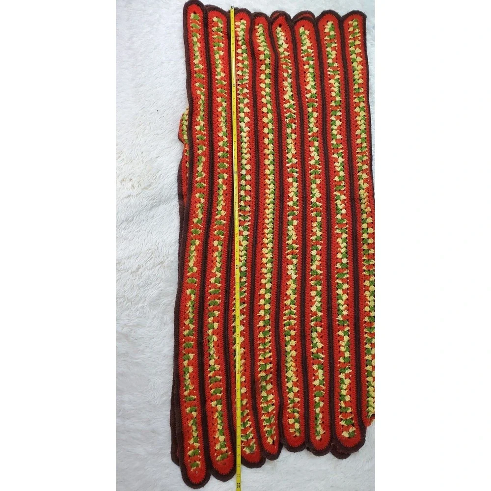 Vintage‎ Afghan 70s Throw Blanket Scalloped Red Yellow Brown Green Stripe 59x50