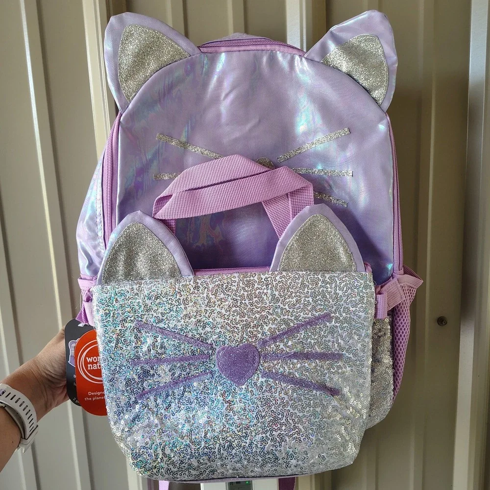 Girls Purple Iridescent Sequin Cat Backpack‎ Lunch Box 2-Piece Set Wonder Nation