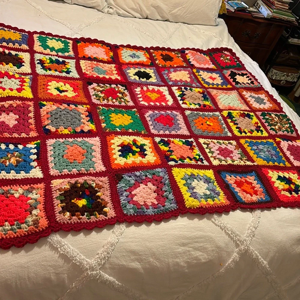 Crocheted Granny Square Multi Colored Afghan Lap Blanket - NEW