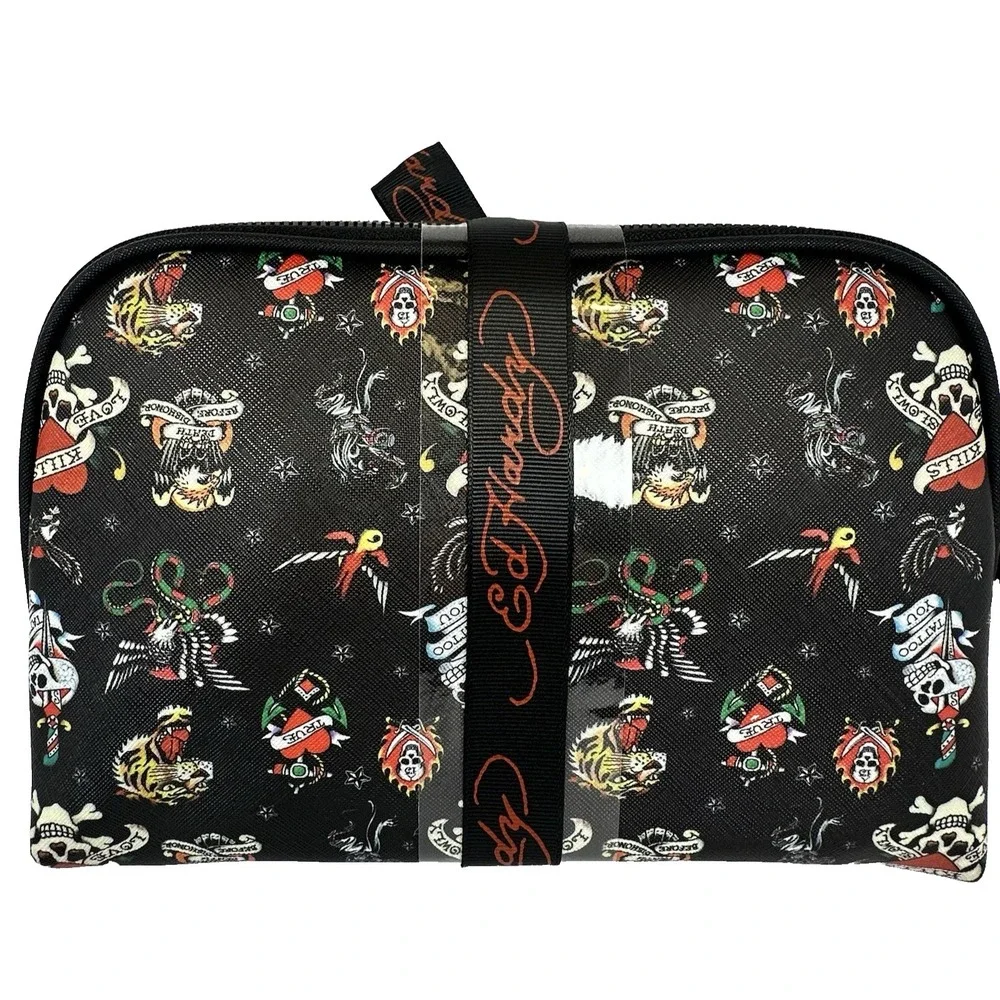 Ed Hardy Cosmetic Bag 2 Pc Set Rhinestone Hearts Skull Rose‎ Tattoo Makeup Case