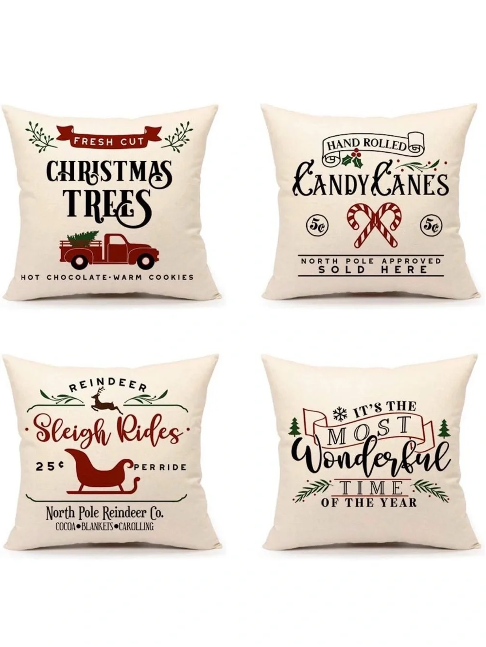Christmas Holiday Decorative Throw Pillow Covers - Neutral Red Green Set of Four