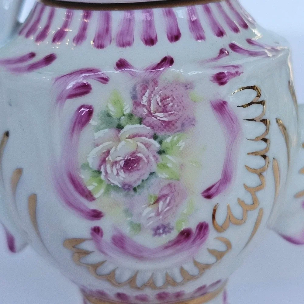 Cracker Barrel Porcelain Miniature Teapot Floral Rose Purple‎ Gold Trim Decor
