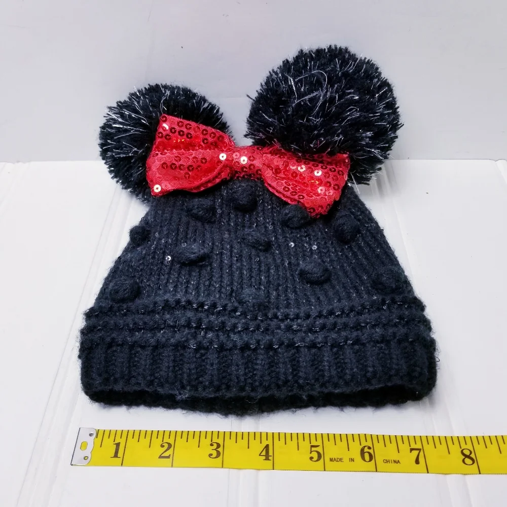 Disney Store Minnie Mouse Beanie XS/S 3-6 Sequin Bow Pom Pom Ears Knit Hat Black
