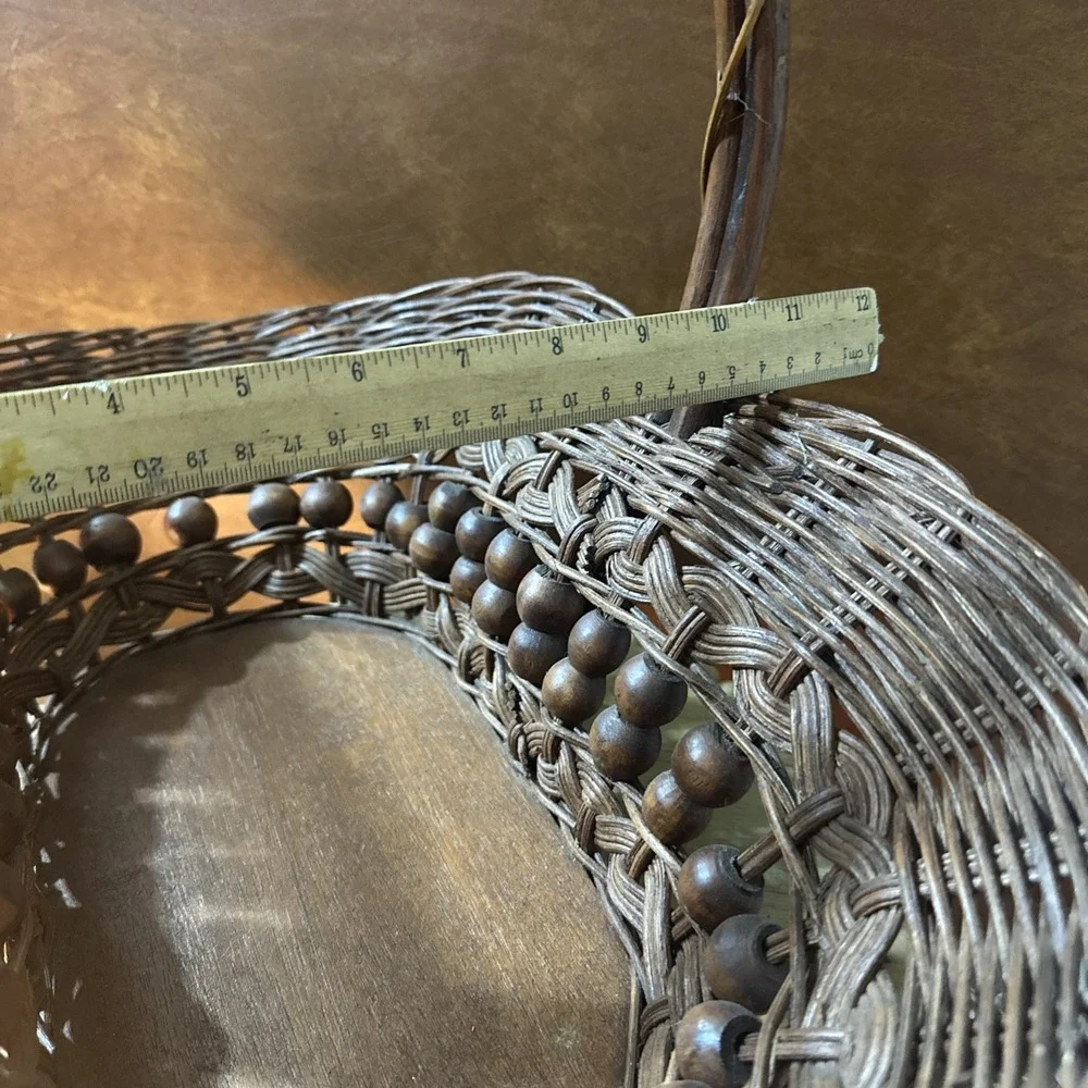 VTG Wicker/Rattan Foraging Gathering Basket Wooden Beads-Reinforced Bottom