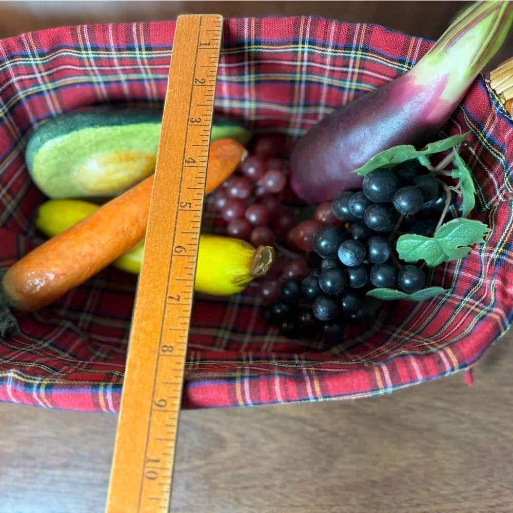Decorative Folk Art Faux Fruit Vegetable Basket Plaid Liner Glazed Paper Mache