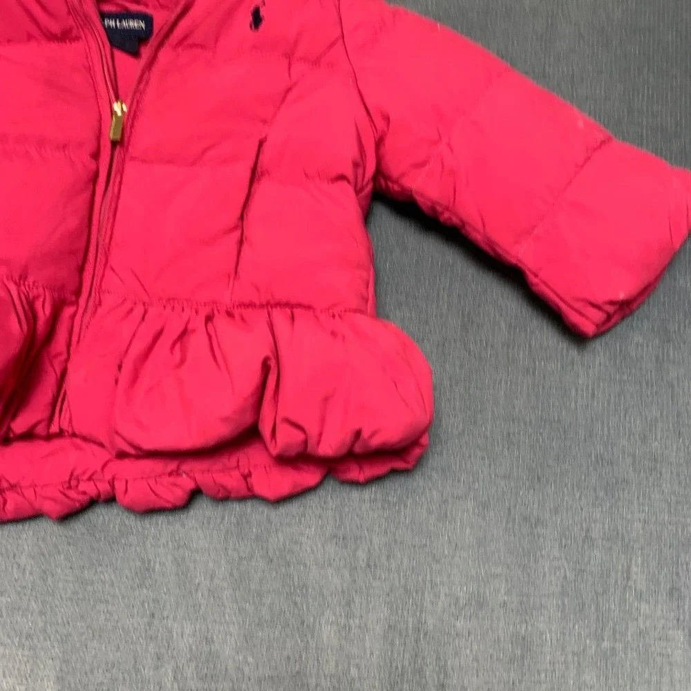 Ralph Lauren Puffer Jacket Girls 18M Pink Ruffle Hem Pony Logo Full‎ Zip Hooded