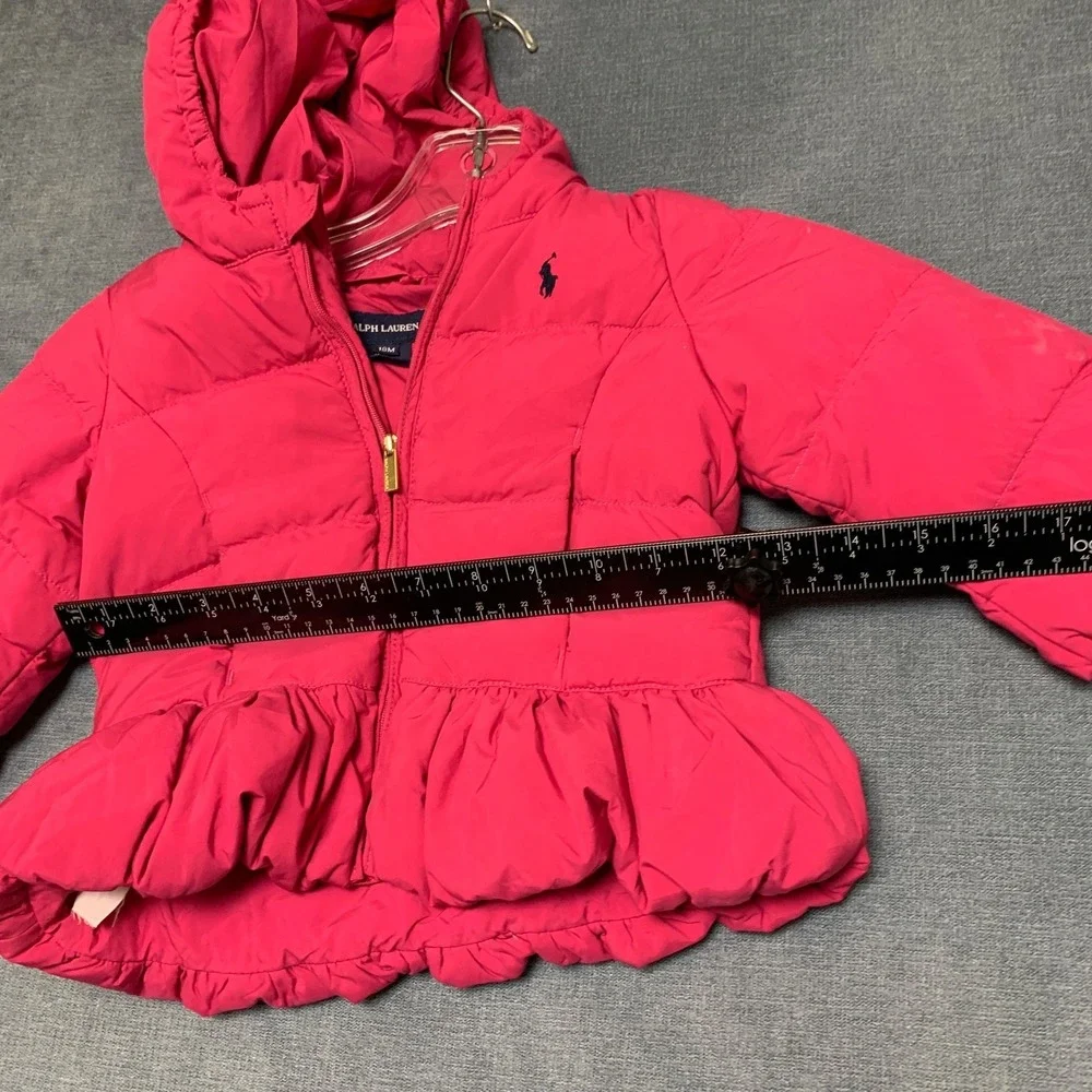 Ralph Lauren Puffer Jacket Girls 18M Pink Ruffle Hem Pony Logo Full‎ Zip Hooded