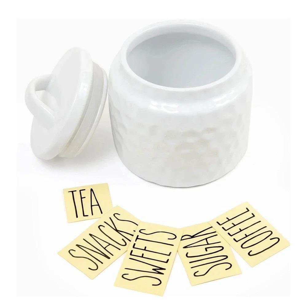 White Ceramic Dimpled Canister With Labels Daily Ritmo 32‎ oz Capacity Airtight