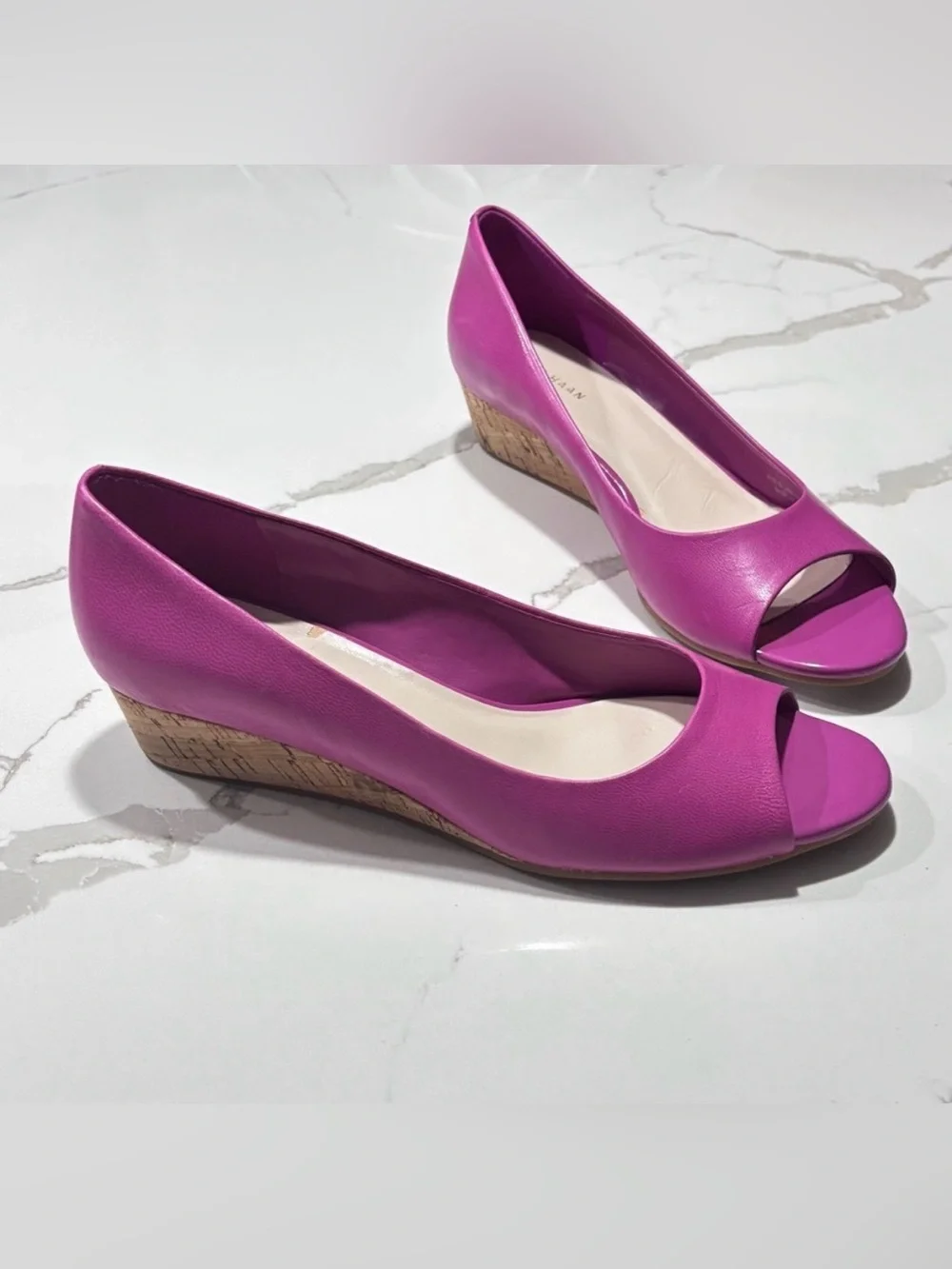 Cole Haan Women's Hot Pink Matte Finish Peep Toe Wedge Heels Cork Pumps Size 7.5