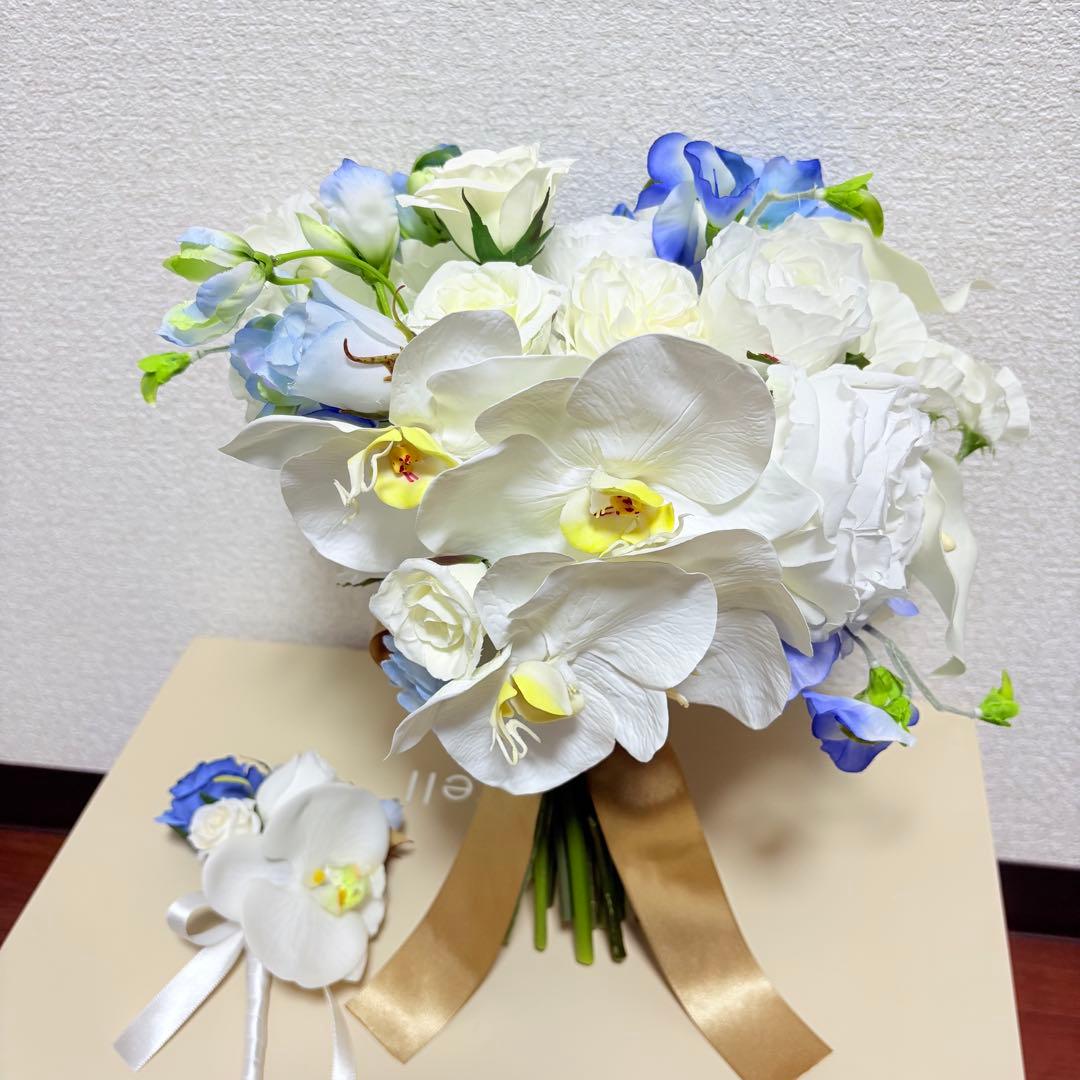 Phalaenopsis Orchid and Something Blue Wedding Bouquet for Pre-wedding Photoshoot - Artificial Flowers