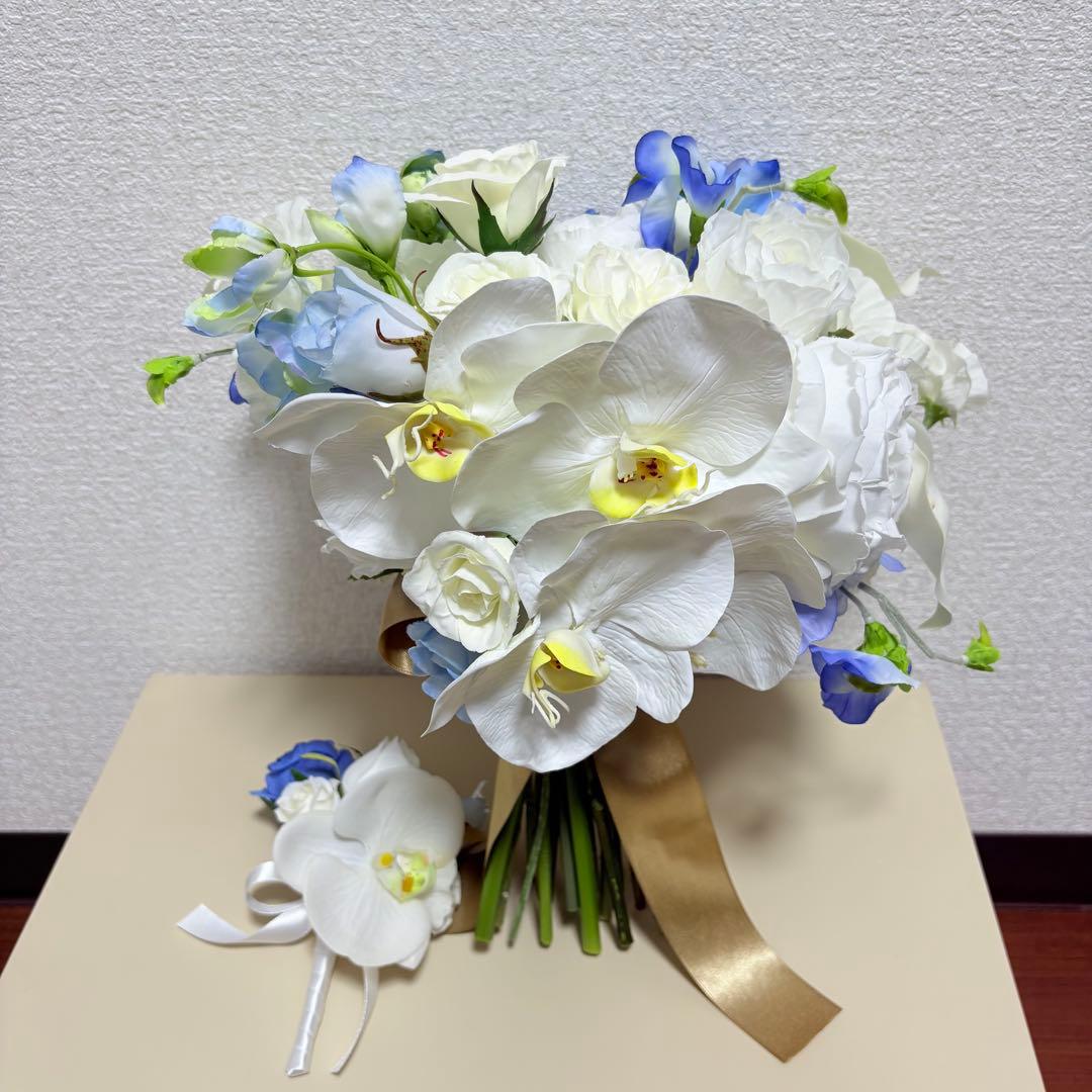 Phalaenopsis Orchid and Something Blue Wedding Bouquet for Pre-wedding Photoshoot - Artificial Flowers